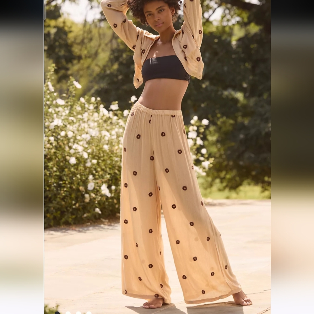 Anthropologie Cream Wide Leg Pants with Black Floral Accents